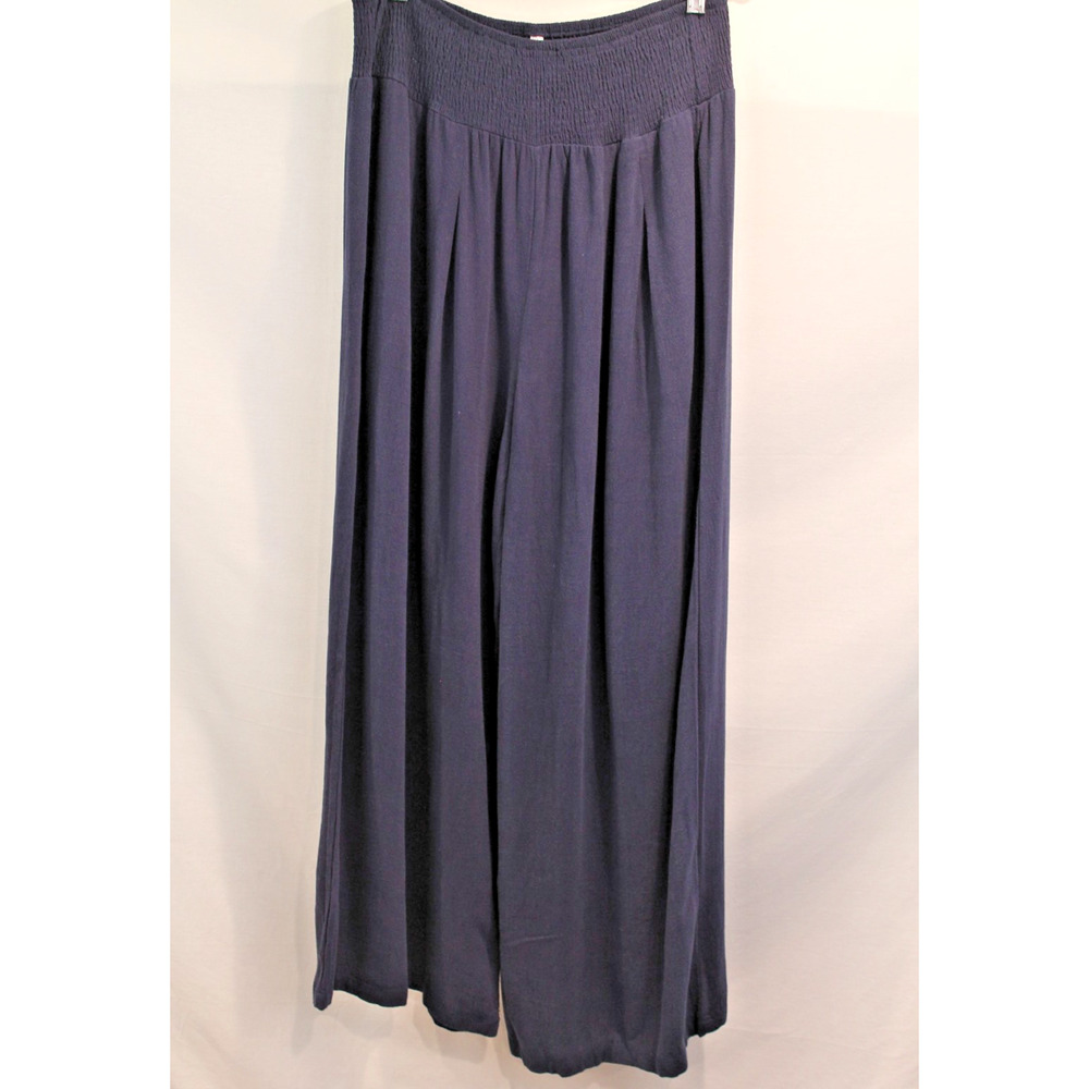 Anrabess Linen Rayon Pleated Wide Leg Pants Womens size XL Navy Elastic Waist